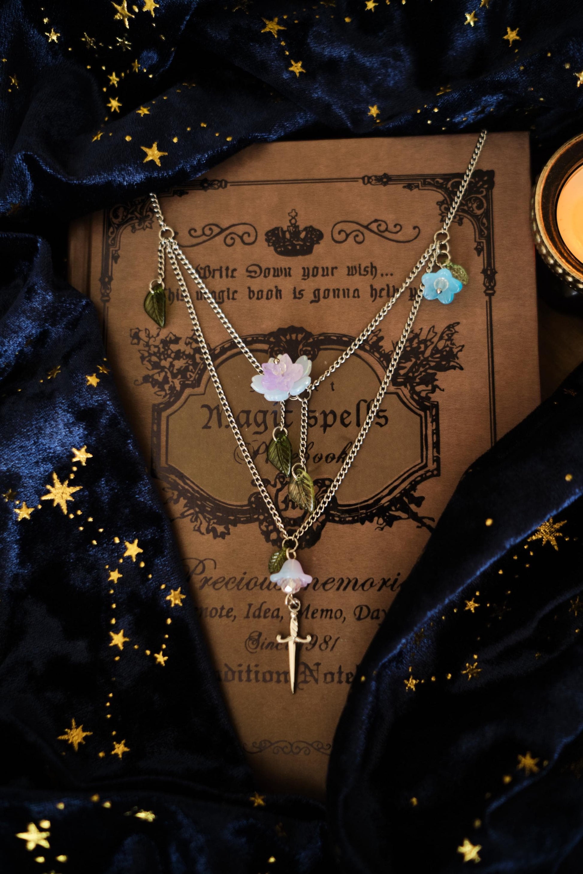 Sword and Flower Necklace, Layered Choker, Romantasy inspired Cottagecore Jewelry
