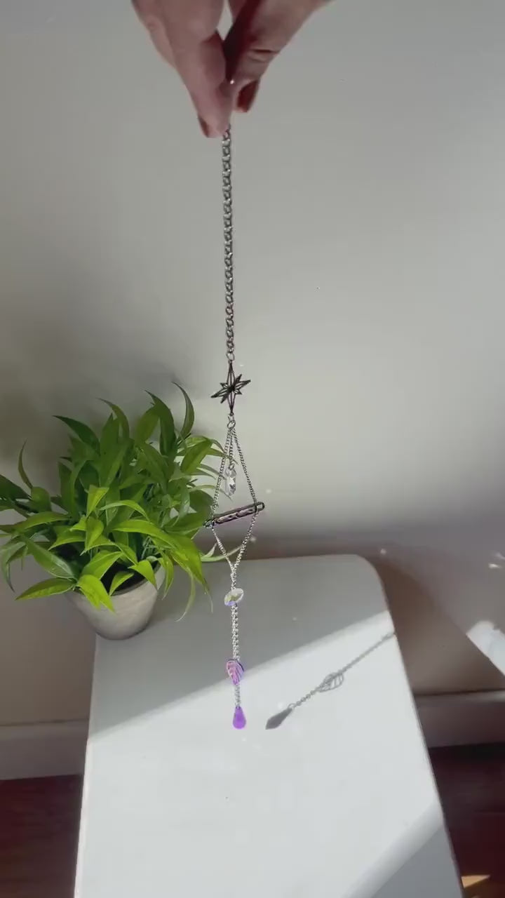 Silver and Purple Moon Suncatcher, Celestial Window Prism, Rainbow Maker