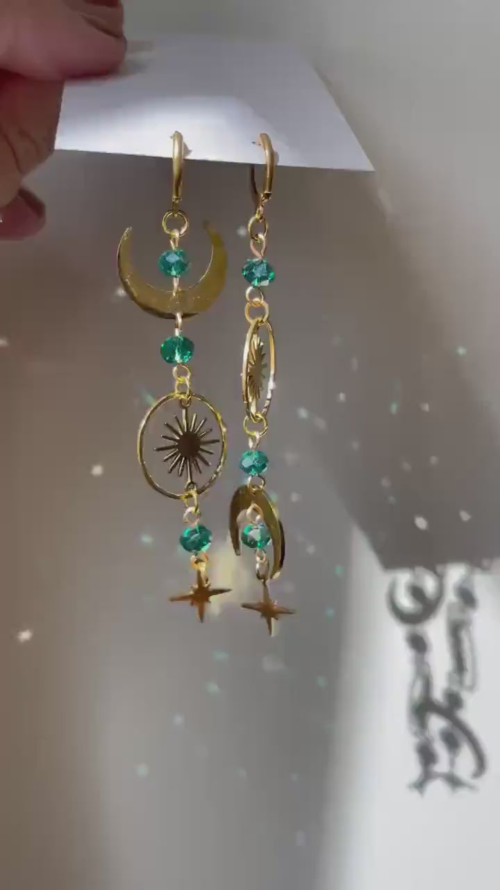 Celestial Earrings, Mismatched Moon and Star Earrings, Whimsigothic Witchy Jewelry - Gold