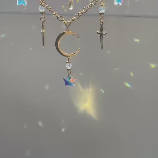 Statement Celestial Sword Necklace, Layered Choker, Romantasy inspired Moon and Star Jewelry