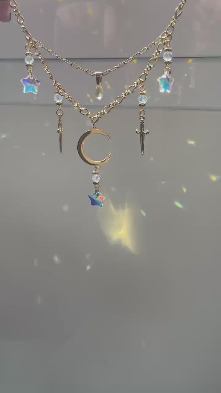Statement Celestial Sword Necklace, Layered Choker, Romantasy inspired Moon and Star Jewelry