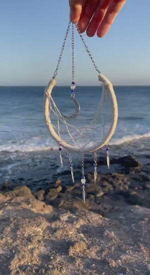 Small Moon Dreamcatcher, White Crescent Moon Decor