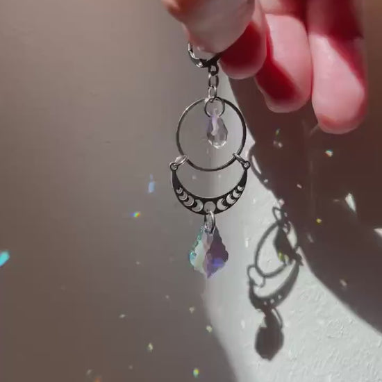 Celestial Suncatcher Earrings with Moon Phases, Ethereal Lunar Jewelry with Prism