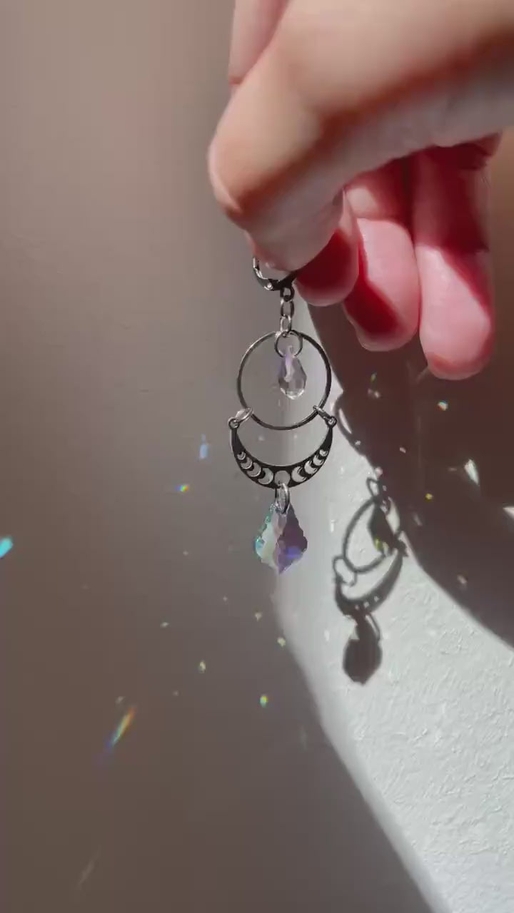 Celestial Suncatcher Earrings with Moon Phases, Ethereal Lunar Jewelry with Prism