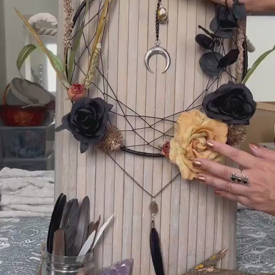 Crystal Dream Catcher, Samhain Moon Flower Wreath