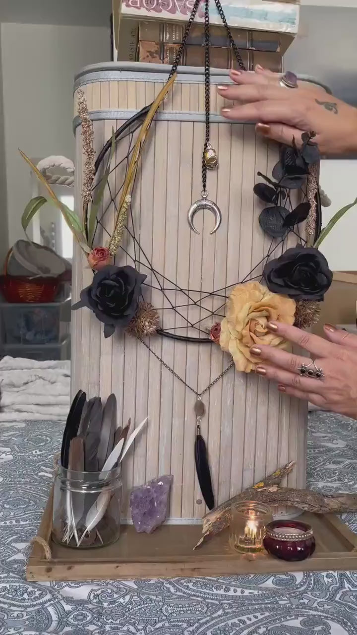 Crystal Dream Catcher, Samhain Moon Flower Wreath