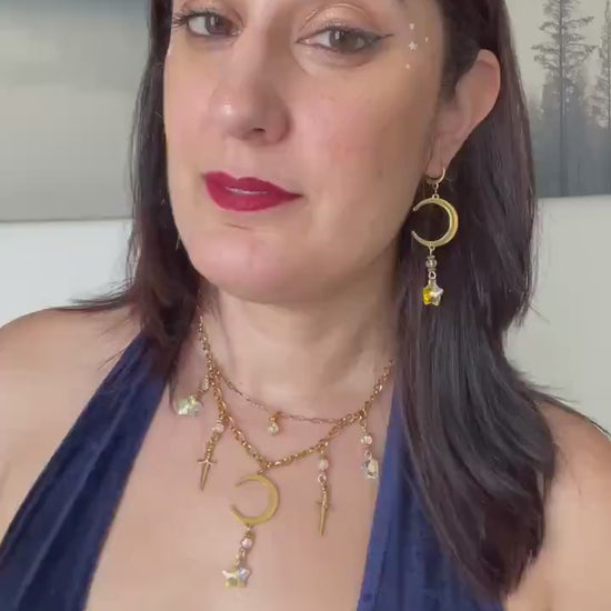 Celestial Suncatcher Earrings with Moon and Star, Mismatched Whimsigoth  Jewelry