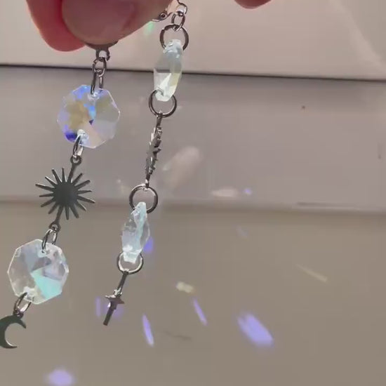 Mystical Moon and Star Suncatcher Earrings, Rainbow Maker Crystal, Celestial Jewelry with Prisms