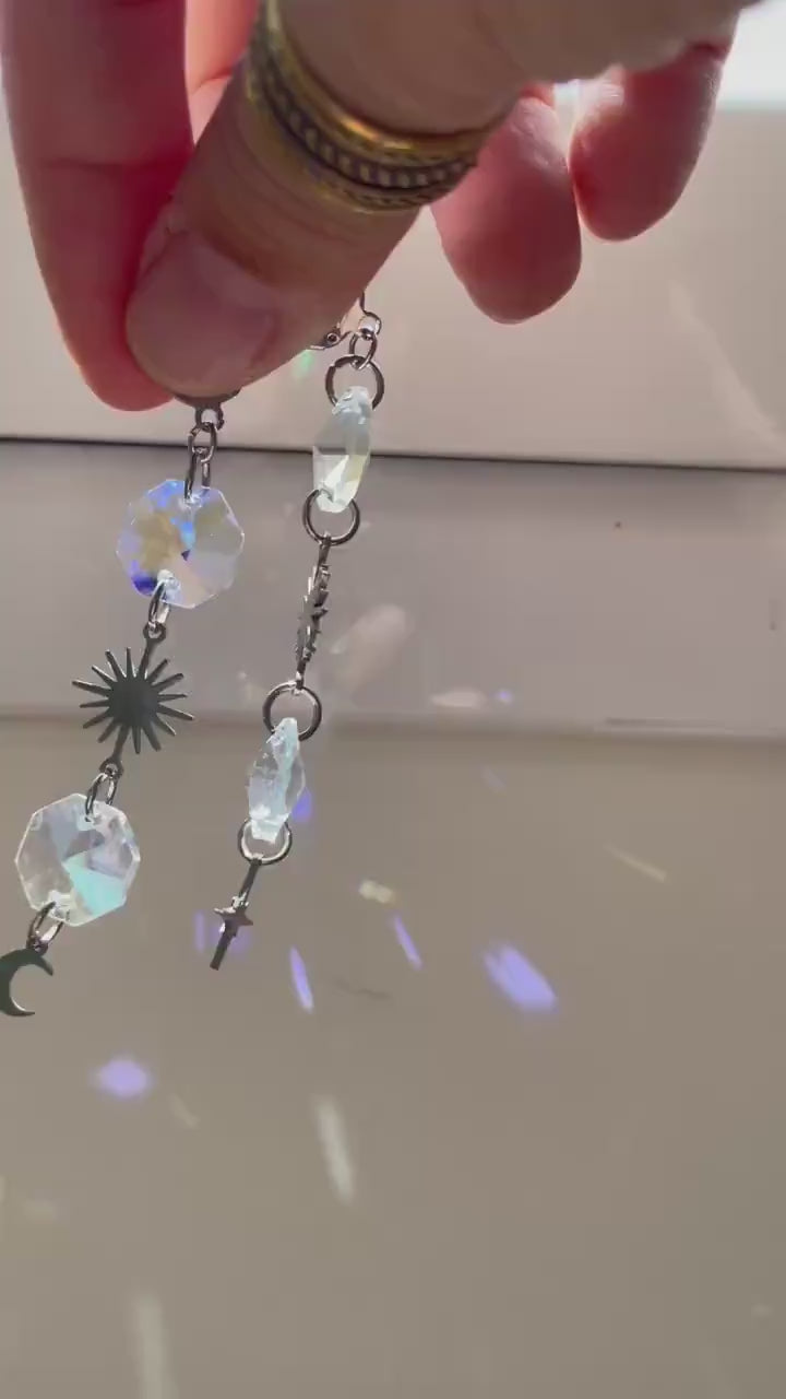 Mystical Moon and Star Suncatcher Earrings, Rainbow Maker Crystal, Celestial Jewelry with Prisms