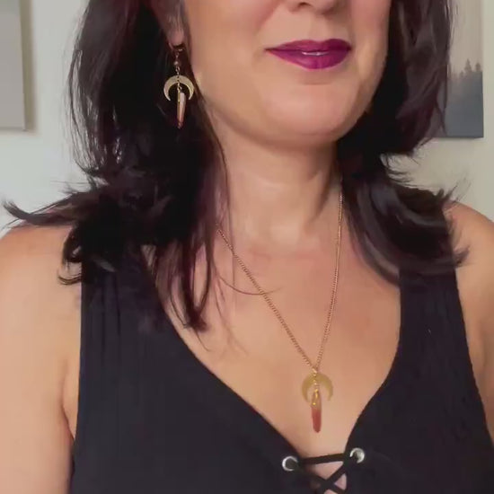 Quartz Crystal Necklace with Moon Charm - Gold