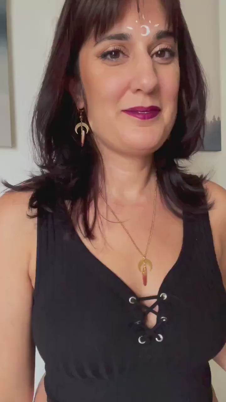 Quartz Crystal Necklace with Moon Charm - Gold