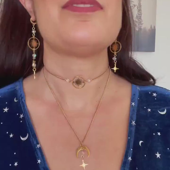 Celestial Choker Necklace, Witchy Moon and Star Jewelry, Whimsigoth Style - Gold