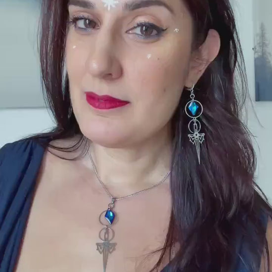 Silver and Blue Sword Earrings, Medieval Fantasy Celestial Jewelry