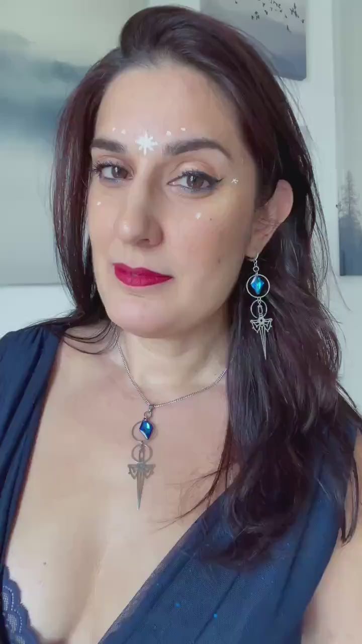 Silver and Blue Sword Earrings, Medieval Fantasy Celestial Jewelry