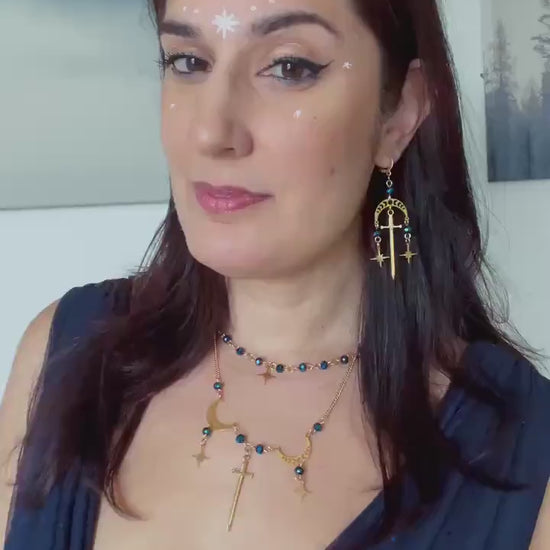 Sword and Star Necklace, Layered Choker, Romantasy inspired Celestial Jewelry