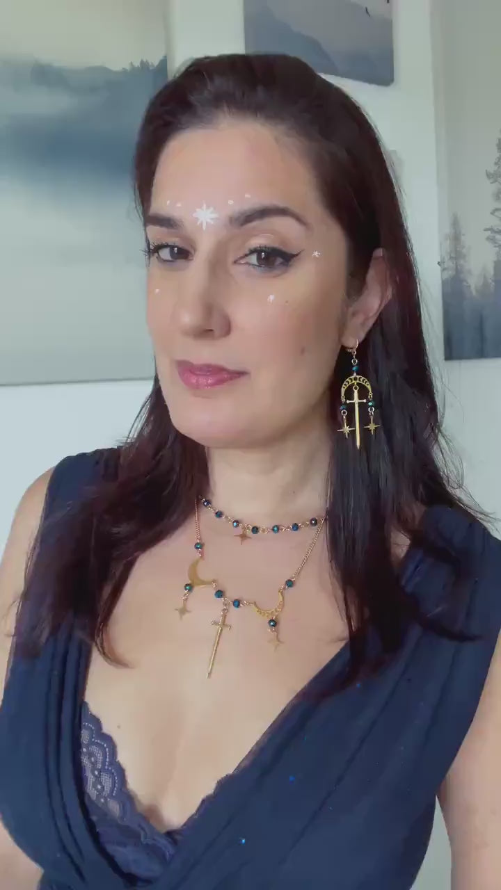Sword and Star Necklace, Layered Choker, Romantasy inspired Celestial Jewelry