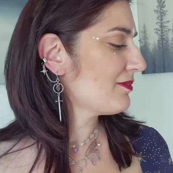 Fantasy Sword Earrings, Mismatched Cuff Earrings, Medieval Romantasy Jewelry