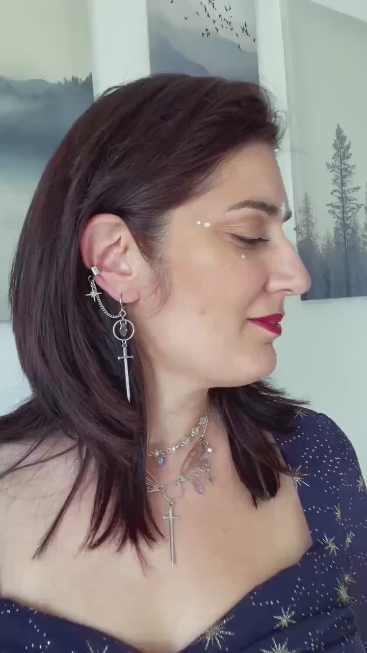 Fantasy Sword Earrings, Mismatched Cuff Earrings, Medieval Romantasy Jewelry
