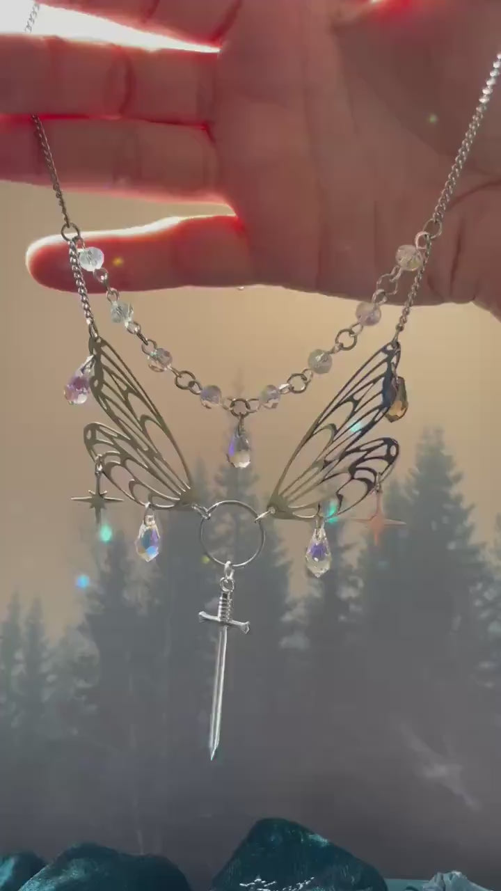 Wings and Sword Necklace, Layered Choker, Romantasy inspired Celestial Jewelry
