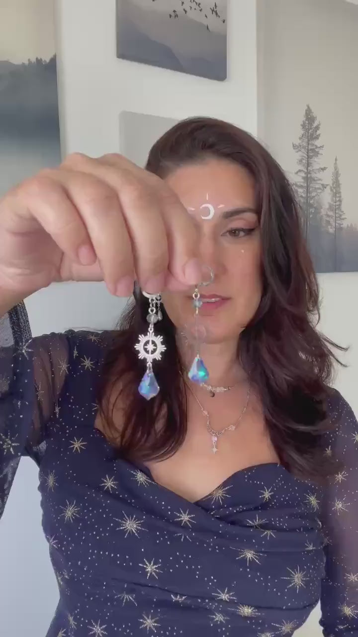 Whimsical Earrings, Dark Blue and Silver Celestial Whimsigoth Style Jewelry