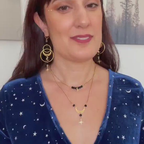 Celestial Necklace with Moon and Star Charm, Witchy Double Strand Necklace, Whimsigoth Jewelry - Gold