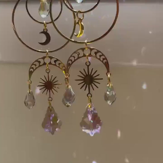 Moon and Star Suncatcher Crystal Earrings, Statement Celestial Jewelry, Holo Chandelier Bridal Earrings