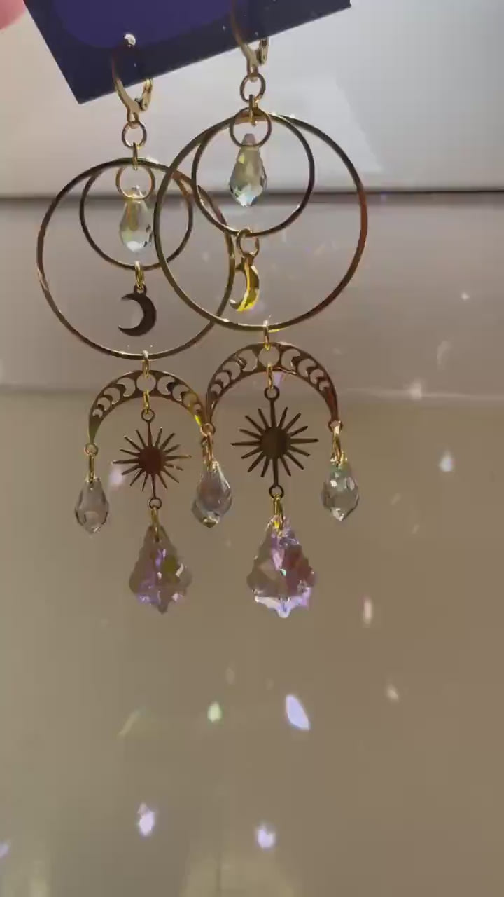 Moon and Star Suncatcher Crystal Earrings, Statement Celestial Jewelry, Holo Chandelier Bridal Earrings