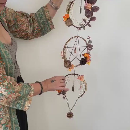 Triple Moon Dreamcatcher with Pentacle and Crystals, Cottagecore Wall Hanging