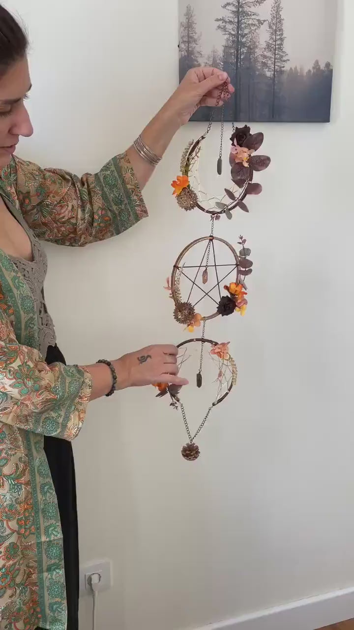 Triple Moon Dreamcatcher with Pentacle and Crystals, Cottagecore Wall Hanging